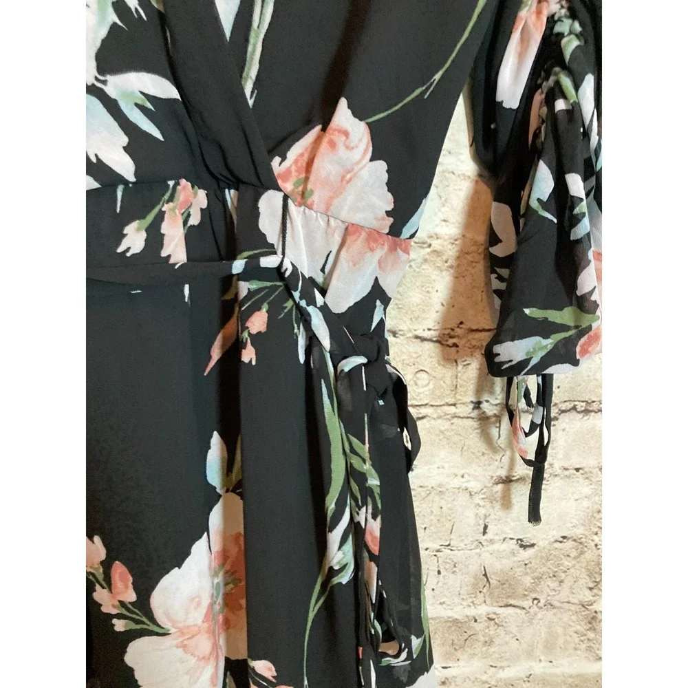 Luxology Dress Womens 14 Dark Romantic Floral Belted Cinched Sleeves Tropical - Picture 4 of 12